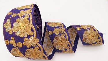 Navy Blue Art Silk Trim In Gold Floral Embroidery, Gold Embroidered Flowers Border, Floral Trim
